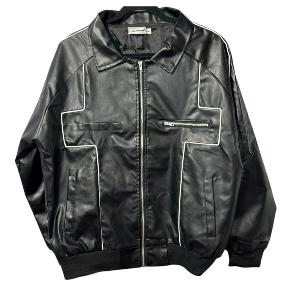 Jiechaofang Black with White Piping Faux Leather Jacket in Size‎ XL